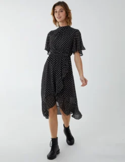 Blouson Wrap Skirt Ruffle Midi Dress