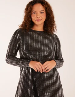 Long Sleeve Mirrored Swing Dress -Deals Sleek Dresses Store AW22020 BLACKSILVER 19484