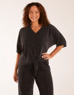 Sparkly V Neck Tie Front Top