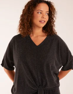 Sparkly V Neck Tie Front Top -Deals Sleek Dresses Store AW22313 BLACKSILVER 19538