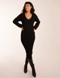 V Neck Bodycon Dress -Deals Sleek Dresses Store AW23238 BLACK 0106