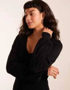 V Neck Bodycon Dress -Deals Sleek Dresses Store AW23238 BLACK 0125