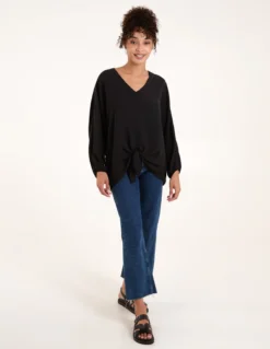 Tie Front Oversized Batwing Top -Deals Sleek Dresses Store BV2134 BLACK 1