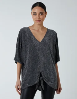 Oversized V Neck Knot Front Top