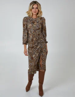 Ruched Midi Dress With Balloon Sleeve