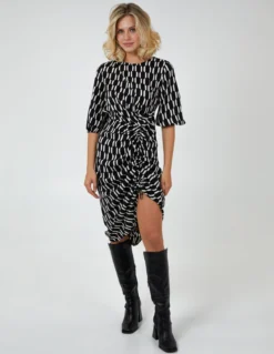 Mono Geometric Print Ruched Hem Dress