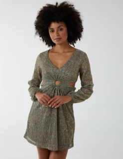V-Neck Long Sleeve Lurex Dress