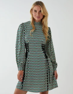 Geometric Print Lace Side Waist High Neck Dress