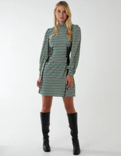 Geometric Print Lace Side Waist High Neck Dress -Deals Sleek Dresses Store BV222863023 95866