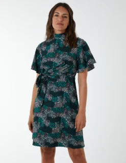 Wrap Front High Neck Dress With Angel Sleeve