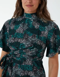 Wrap Front High Neck Dress With Angel Sleeve -Deals Sleek Dresses Store BV222865 GREEN 0392