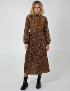 Animal Print High Neck Blouson Pleated Dress -Deals Sleek Dresses Store BV222871 LIGHTBROWN 56