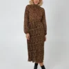 Animal Print High Neck Blouson Pleated Dress