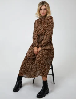 Animal Print High Neck Blouson Pleated Dress -Deals Sleek Dresses Store BV222871 LIGHTBROWN 60