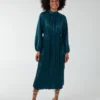 High Neck Blouson Pleated Midi Dress