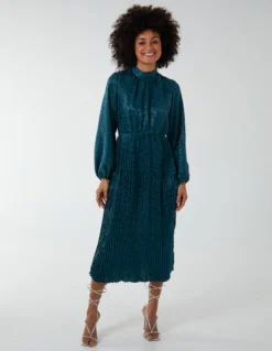 High Neck Blouson Pleated Midi Dress