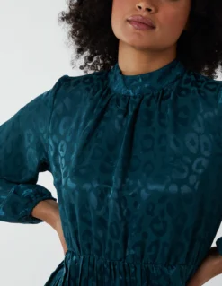 High Neck Blouson Pleated Midi Dress -Deals Sleek Dresses Store BV222872 BOTTLEGREEN 112