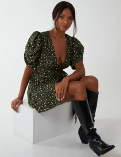 Ruched Sleeve Wrap Mini Dress -Deals Sleek Dresses Store BV222890 KHAKI 150