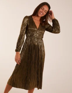 Plisse V-Neck Elasticated Midi Dress