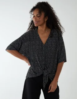 Tie Front Oversized Top -Deals Sleek Dresses Store BV233401 BLACK 84