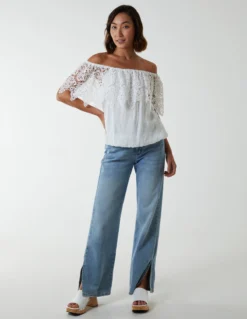 Crochet Lace Puffball Top -Deals Sleek Dresses Store BV233420 IVORY 4044