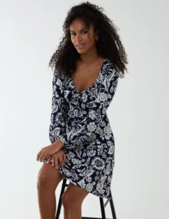 Neck Shirred Mini Tiered Dress