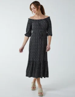 Off Shoulder Shirring Elastic Midi Dress -Deals Sleek Dresses Store BV233829 BLACK 7961