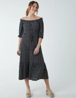 Off Shoulder Shirring Elastic Midi Dress