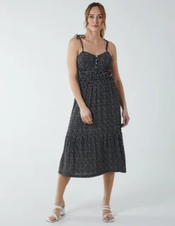 Strappy Elasticated Button Through Midi Dress