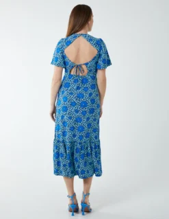 Crew Neck Midi Angel Sleeve Tie Back Dress -Deals Sleek Dresses Store BV233836 BLUE 7114