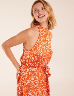 Abstract Print Halter Neck Midi Wrap Dress 8 Abstract Print Halter Neck Midi Wrap Dress -Deals Sleek Dresses Store BV233860 ORANGE 0795