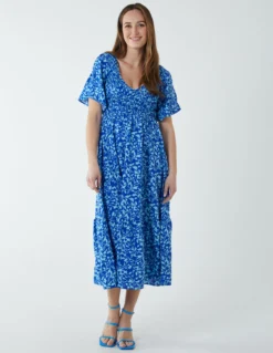 Sheared Bust Midi Dress With Angel Sleeve -Deals Sleek Dresses Store BV233884 BLUE 6788