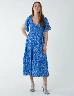Sheared Bust Midi Dress With Angel Sleeve