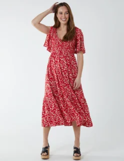 Sheared Bust Midi Dress With Angel Sleeves