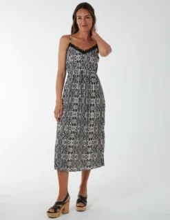 Pleated Midi Slip Dress With Lace Trim