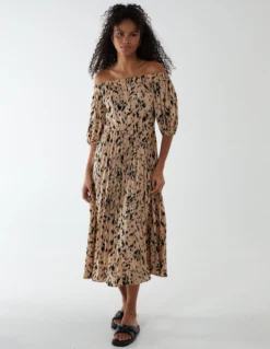 Bardot Midi Dress With Pleated Hem