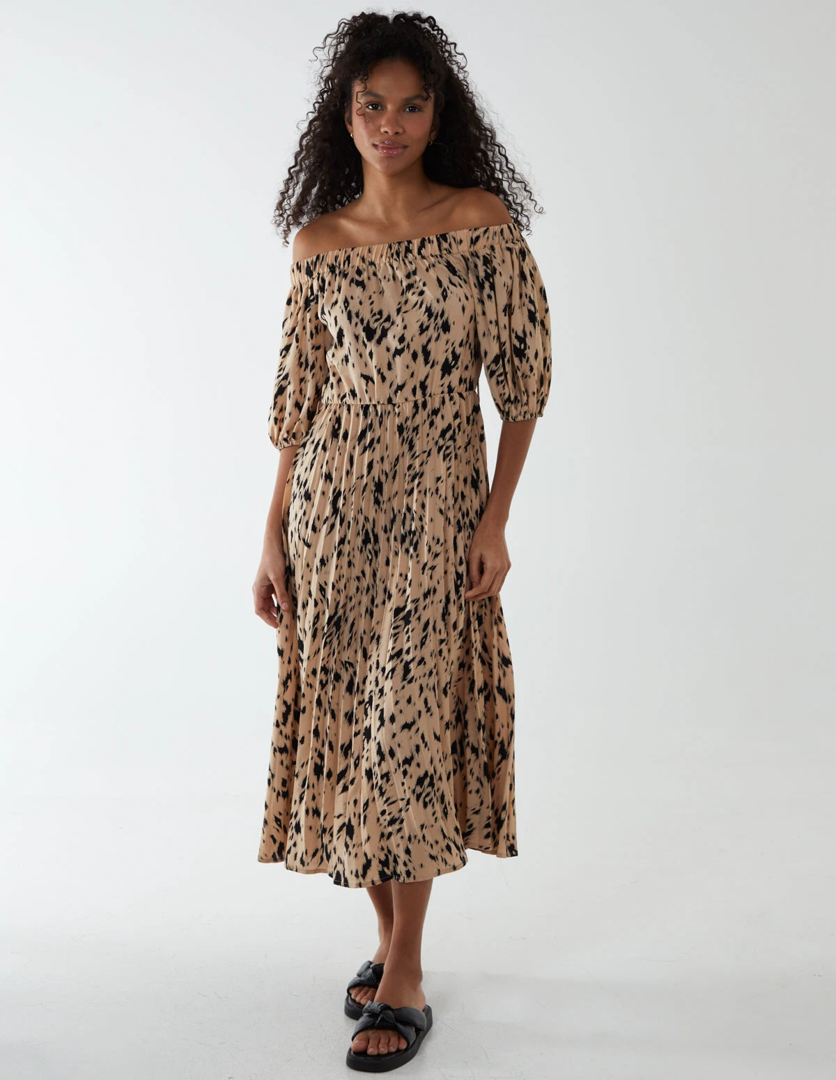 Bardot Midi Dress With Pleated Hem 1 Bardot Midi Dress With Pleated Hem