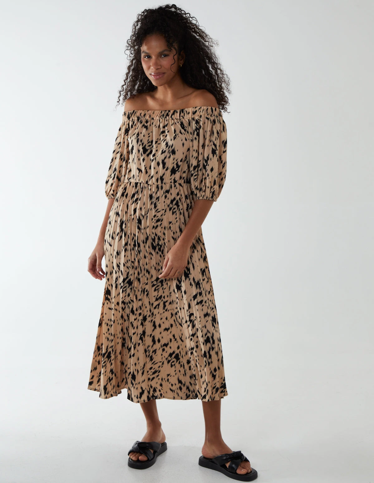 Bardot Midi Dress With Pleated Hem 3 Bardot Midi Dress With Pleated Hem - Image 3