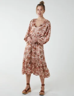 Balloon Sleeve Midi Dress -Deals Sleek Dresses Store BV233901 PINKPATTERN 4454