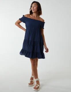 Bardot Shirred Neck Line Floaty Dress -Deals Sleek Dresses Store BV233925 NAVY 3527