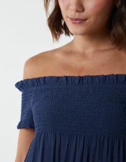 Bardot Shirred Neck Line Floaty Dress -Deals Sleek Dresses Store BV233925 NAVY 3542