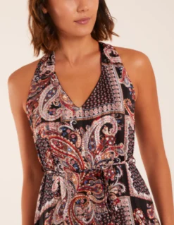 V Front Sleeveless Paisley Midi Dress With Detailed Straps -Deals Sleek Dresses Store BV233957 BLACK 6793