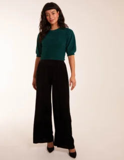 Wide Leg Textured Velour Trouser -Deals Sleek Dresses Store BV234209 BLACK 0591