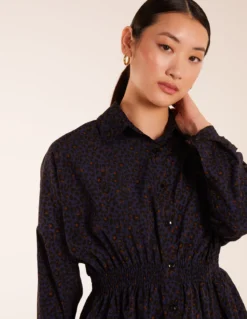 Leopard Print Shirred Waist Shirt -Deals Sleek Dresses Store BV234401008 125911