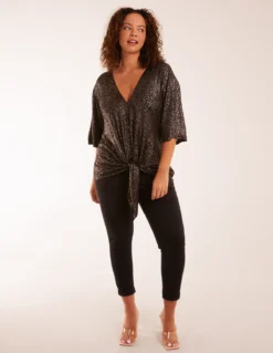 Leopard V Neck Tie Front Top -Deals Sleek Dresses Store BV234406 GOLD 20257