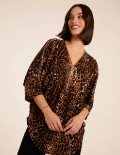 Zip Front Leopard Diamante Tunic Top