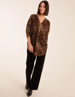 Zip Front Leopard Diamante Tunic Top -Deals Sleek Dresses Store BV234407058 112066