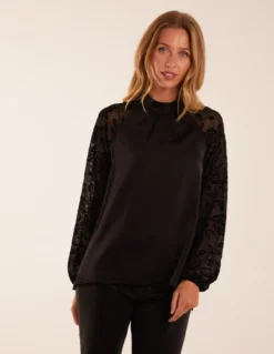 High Neck Flocked Sleeve Top