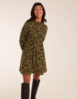 Shirred Trapeze Frill Neck And Sleeve Mini Dress