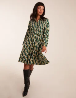 Geometric Print Shirred Bust Long Sleeve Shirt Dress